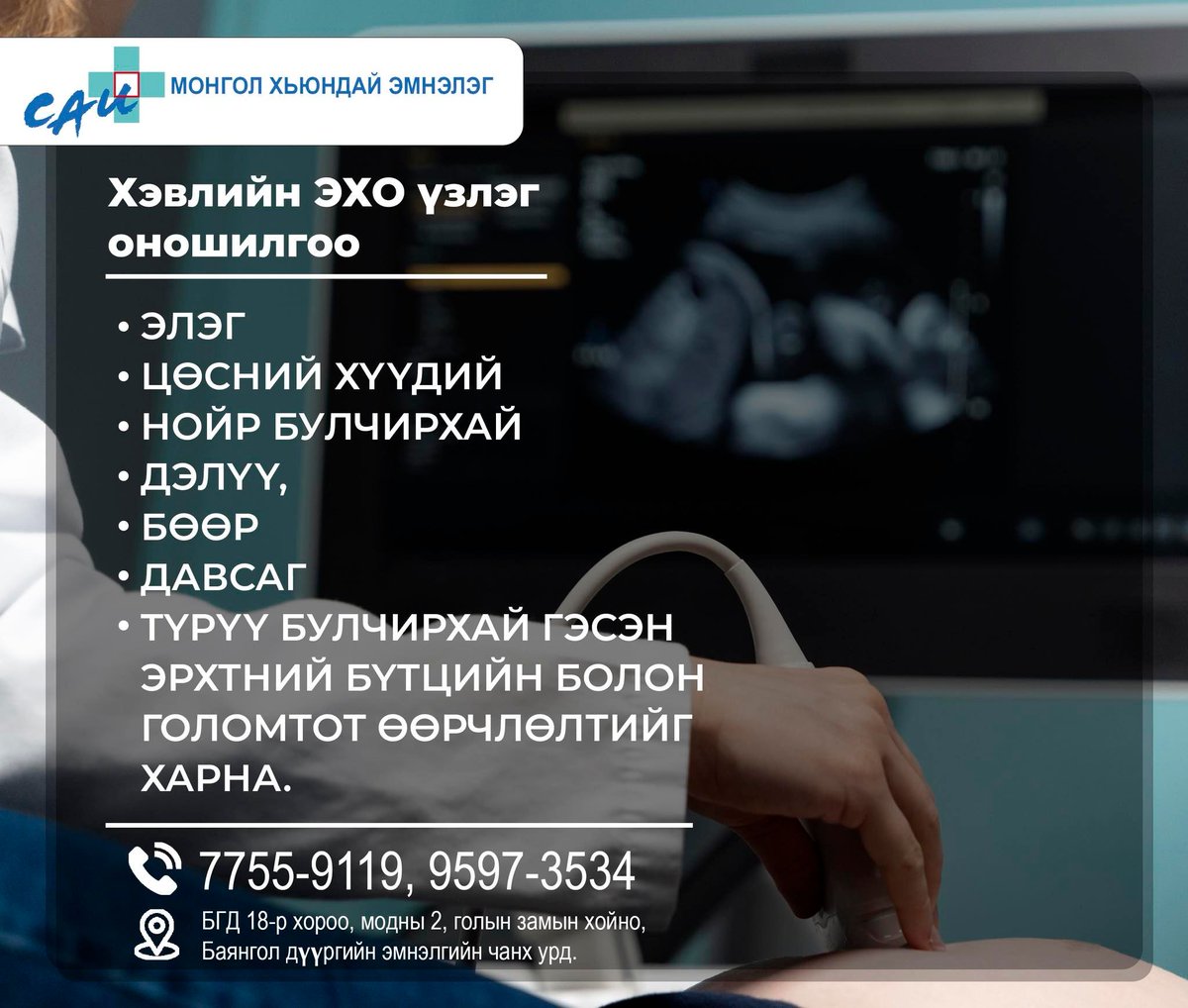Хэвлийн хөндийн хэт авиан шинжилгээ нь:
Элэг, цөс, нойр булчирхай, дэлүү, бөөр, түрүү булчирхай, давсаг гэсэн эрхтний бүтцийн болон голомтот өөрчлөлтийг шинжилнэ.
Мөн манайд :
-Үений ЭХО
-Зөөлөн эдийн ЭХО
-Бамбайн ЭХО
-Хөхний ЭХО үзнэ.