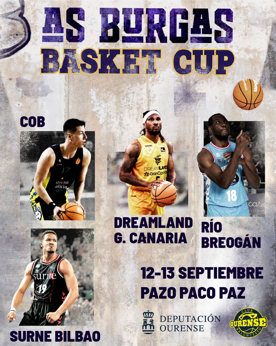 asburgascup's tweet photo. 🔥 Hoxe chega o día que todos estabades agardando…
🏀 Hoxe comeza As Burgas Basket Cup!

E os catro contendentes xa están listos:
🔹 Club Ourense Baloncesto
🔹 Dreamland Gran Canaria
🔹 Río Breogán
🔹 Surne Bilbao Basket https://t.co/VjyDY3TzF5