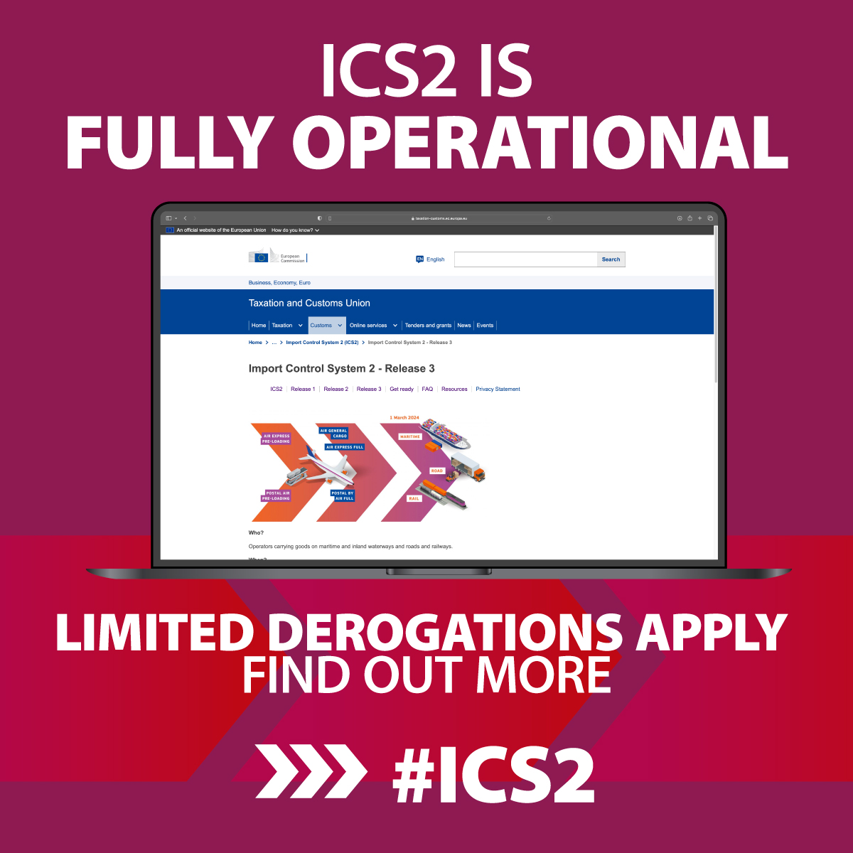 EU_Taxud's tweet image. 🔎 ICS2 is fully operational, with limited derogations for road/rail in some Member States.

🚚 Need help with #ICS2?
📚 A full range of resources – factsheets, eLearning modules &amp;amp; checklists – are available to support your compliance.

🔗 More: europa.eu/!6PYdhm