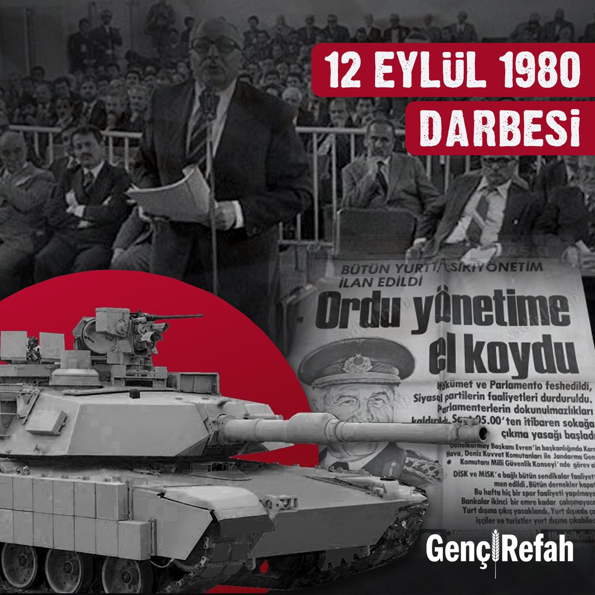 12 Eylül 1980 Darbesi’nin sene-i devriyesinde demokrasimize ve özgürlüklerimize vurulan bu kara lekeyi unutmadık.

Geçmişin acı hatıralarından aldığımız derslerle adaletin, hukukun ve adil bir düzenin egemen olduğu bir Türkiye için mücadelemizi sürdürüyoruz.