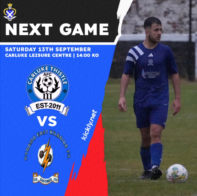 🏆 <a href="/GGPAFL/">Greater Glasgow Premier AFL</a> Divison 1
📆 Sat 13th Sep
⚽ v <a href="/dynamoekfc/">Dynamoekfc</a> 
🏟 Carluke Leisure Centre (Astro)
⏰ 14:00 K.O

Tough game tomorrow against a side who historically always cause us problems. Come along &amp; support the boys. MTT 🔵🔴

<a href="/scottish_aff/">AmateurFixturesResultsSCO</a> <a href="/ScotAmFA/">Scottish Amateur FA</a>  <a href="/scotfootfixs/">Scottish Football Fixtures</a> <a href="/AmmiesFitba/">Ammie’s Fitba</a>