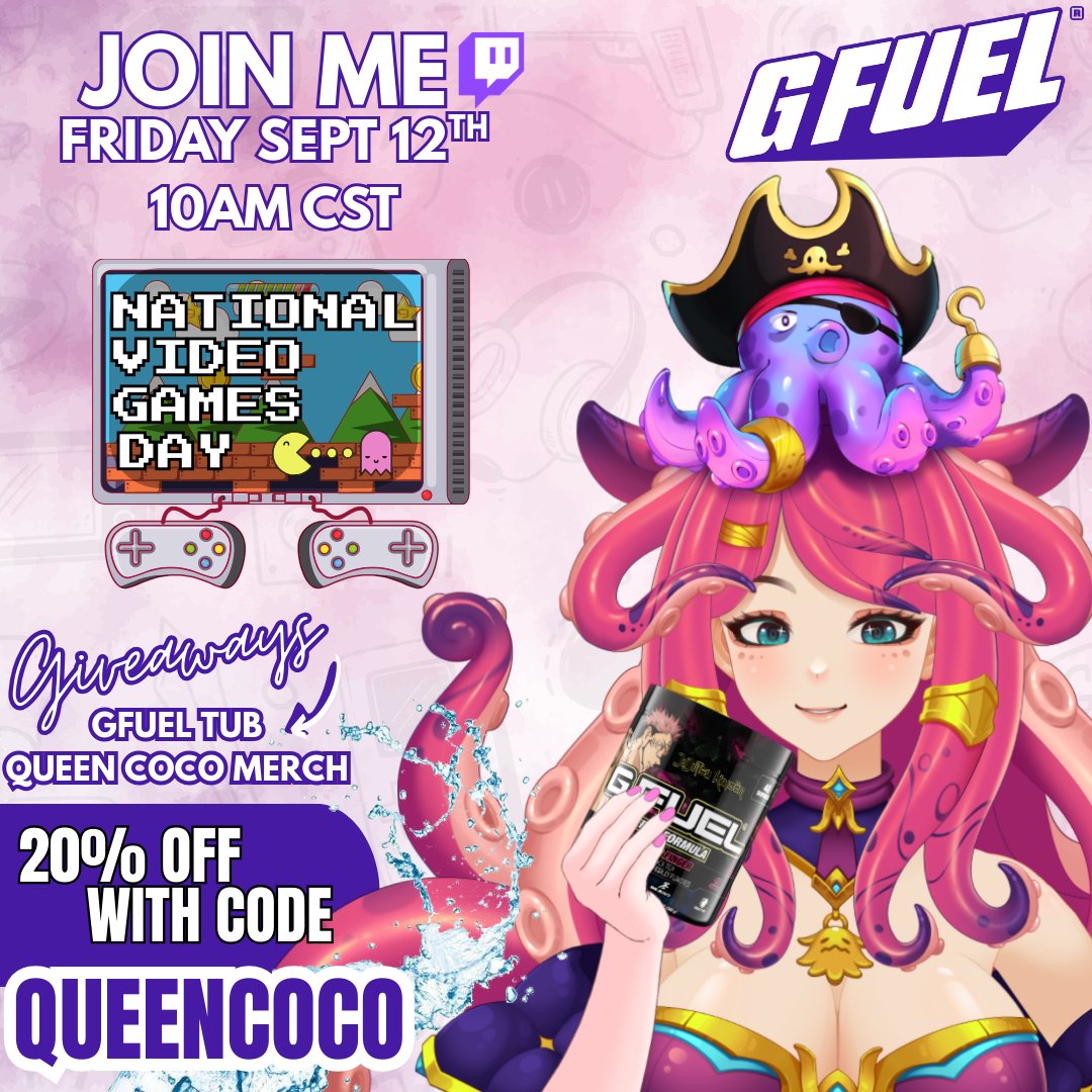 🚨 BIG NEWS 🚨
I’m going LIVE tomorrow for #NationalVideoGamesDay with G FUEL! 🐙✨
⚡ Giveaways, Genshin, &amp; Abyss fun!
📺 twitch.tv/QueenCocoVT #vtuber