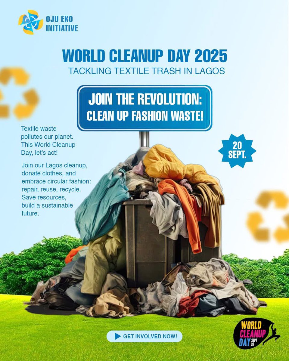 ojuekoinit's tweet photo. Lagos, it’s time to act!

This #WorldCleanupDay2025, Oju Eko Initiative is tackling textile &amp; fashion waste. Join the cleanup, donate clothes, and embrace circular fashion; repair, reuse, recycle.

Be the change in Lagos.

#BeTheChange #LagosCleanup #CleanUpFashionWaste https://t.co/kQcQeSYNmK