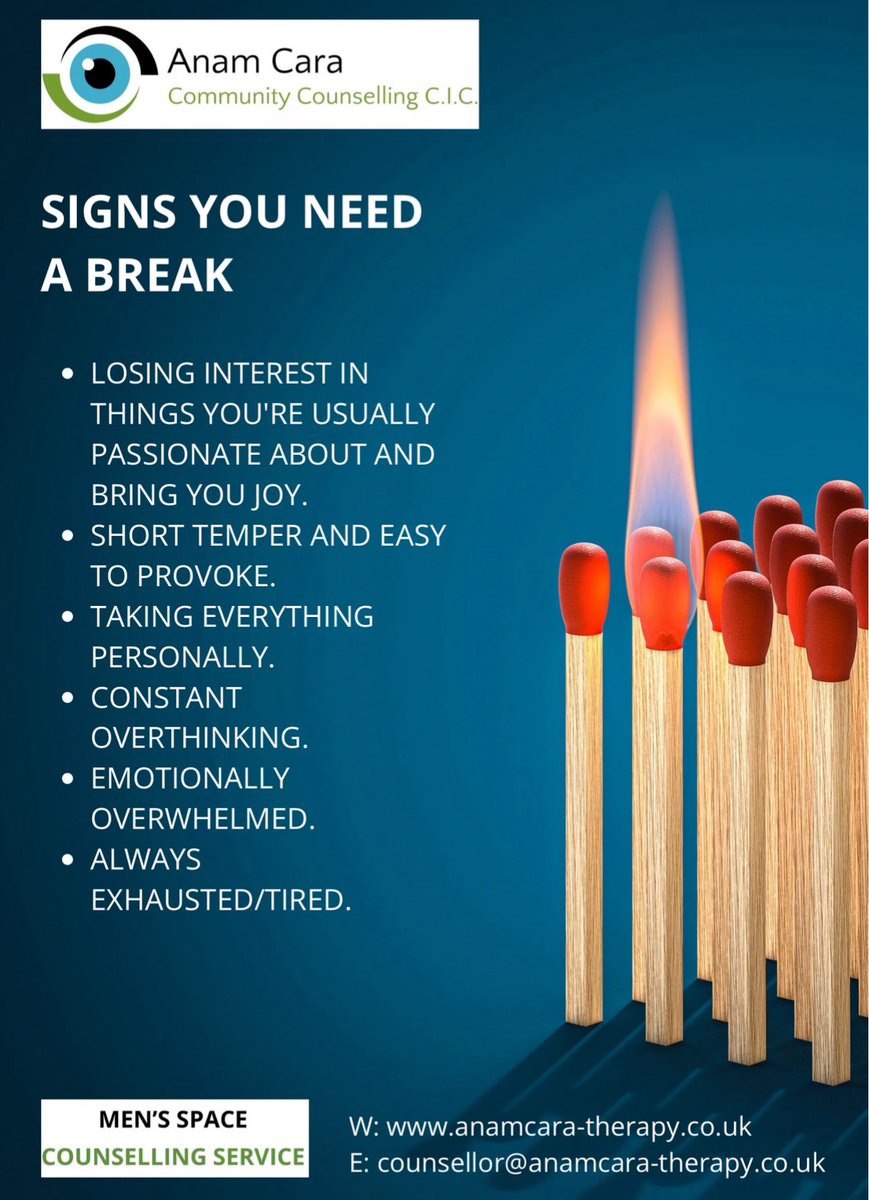 Signs you need a break or support to find a way through. 

anamcara-therapy.co.uk/contact

#stress #mensmentalhealth #anger #burnout #warrenpoint #newry