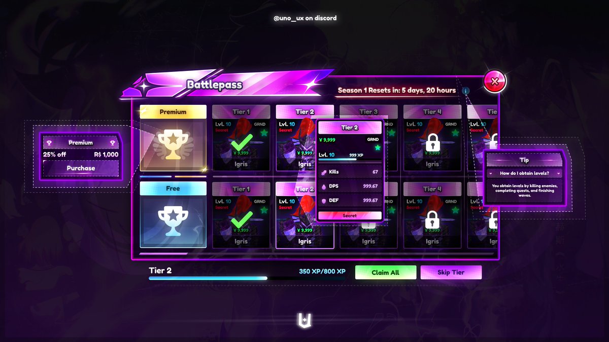 unouiux's tweet image. i made a battlepass ui :D
→ comms open

#Roblox #RobloxDev #RobloxUI