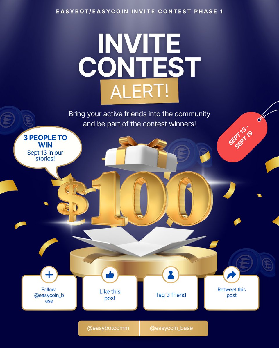 easycoin_base's tweet image. EasyBOT Invite Contest is NOW LIVE! 

wanna earn while growing the EasyBot Community ?

It’s time to put your invite game to work 

 Total Prize Pool: $100

🥇 $50 — 1st Place
🥈 $30 — 2nd Place
🥉 $20 — 3rd Place

How to Participate:

1. Get your unique invite link:
Just type…