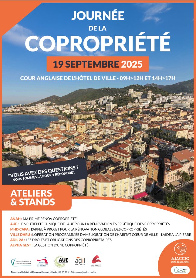 Siconda edizioni di a Ghjurnata di a cuprupriità
Cette journée d'information et d'échange s'adresse aux copropriétaires, syndics, bailleurs, professionnels du secteur.
Retrouver le programme de la journée : bit.ly/4m6hLdX