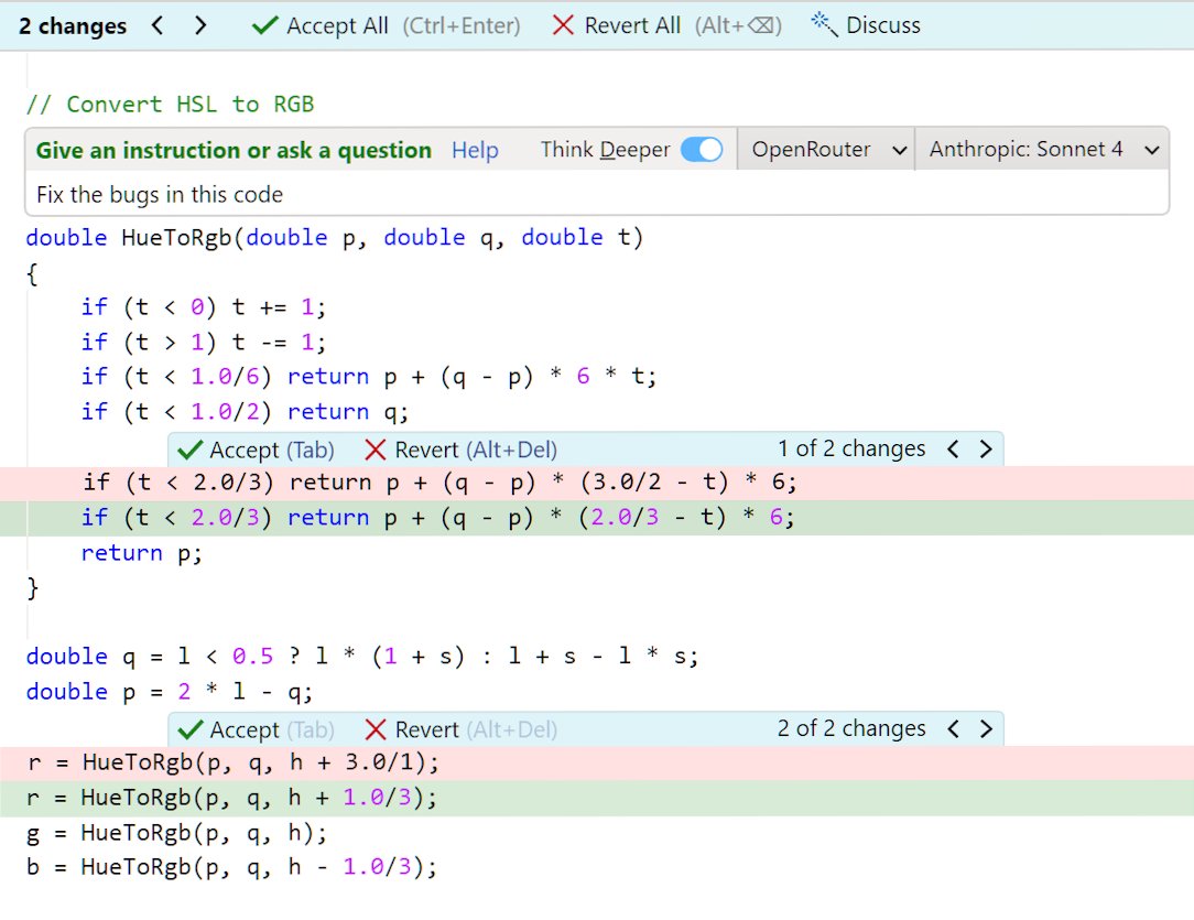 linqpad's tweet image. New to LINQPad 9: Give AI an instruction or ask a question without leaving the editor. Full red/green diffing via a robust custom engine. Works with a provider of your choice and any model; no subscription required. linqpad.net/linqpad9.aspx