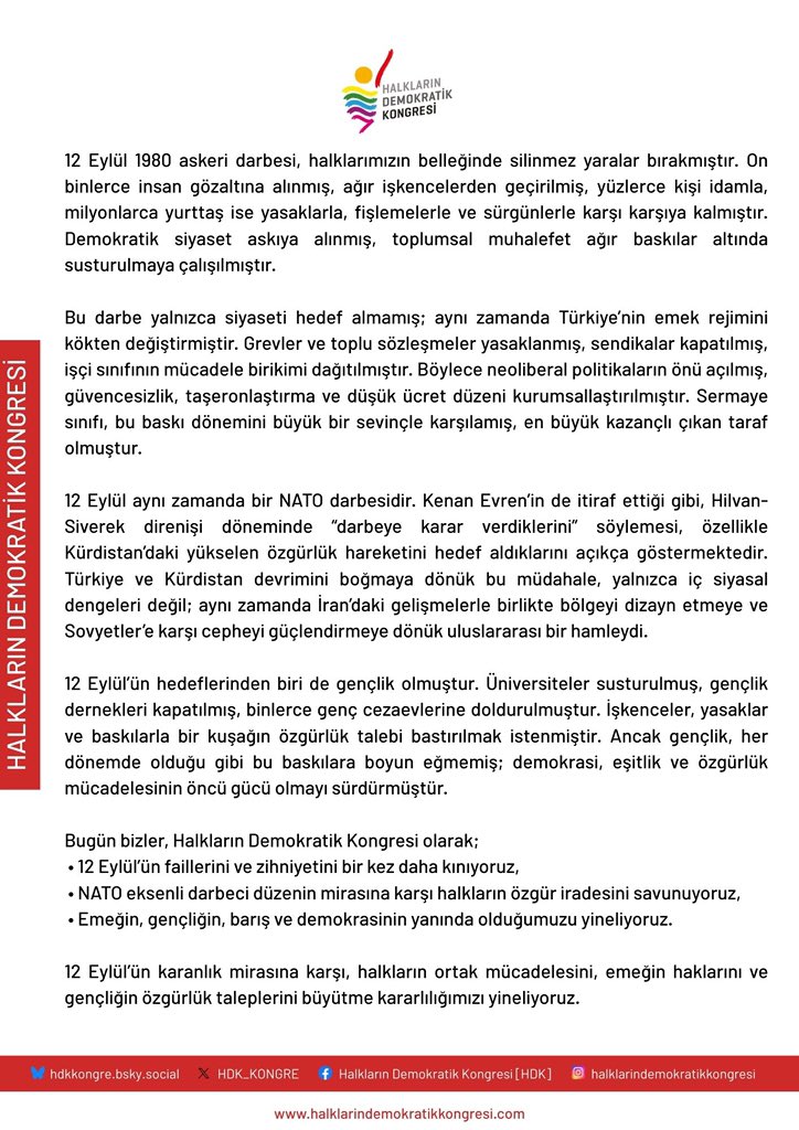 12 Eylül’ün karanlık mirasına karşı, halkların ortak mücadelesini, emeğin haklarını ve gençliğin özgürlük taleplerini büyütme kararlılığımızı yineliyoruz.