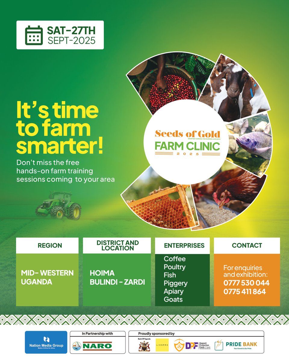 Hoima!!! Gear up for a bumper harvest of knowledge!  Join us at the Seeds of Gold Farm Clinic in <a href="/BulindiZ/">Bulindi ZARDI</a>, Hoima on September 27th, 2025. Discover expert tips, sharpen your farming skills, and take your agribusiness to the next level!