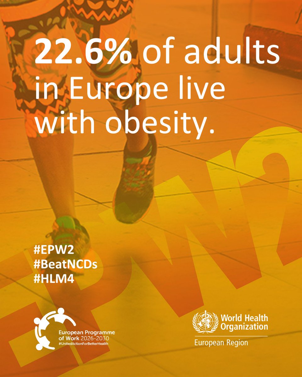 WHO_Europe's tweet image. 🚨 #Obesity is on the rise—22.6% of adults in Europe live with obesity. 

Our Region is falling short of the 2025 goal to halt the increase. 
Governments, communities, and individuals must work together for change.  

#HLM4 #BeatNCDs #EPW2