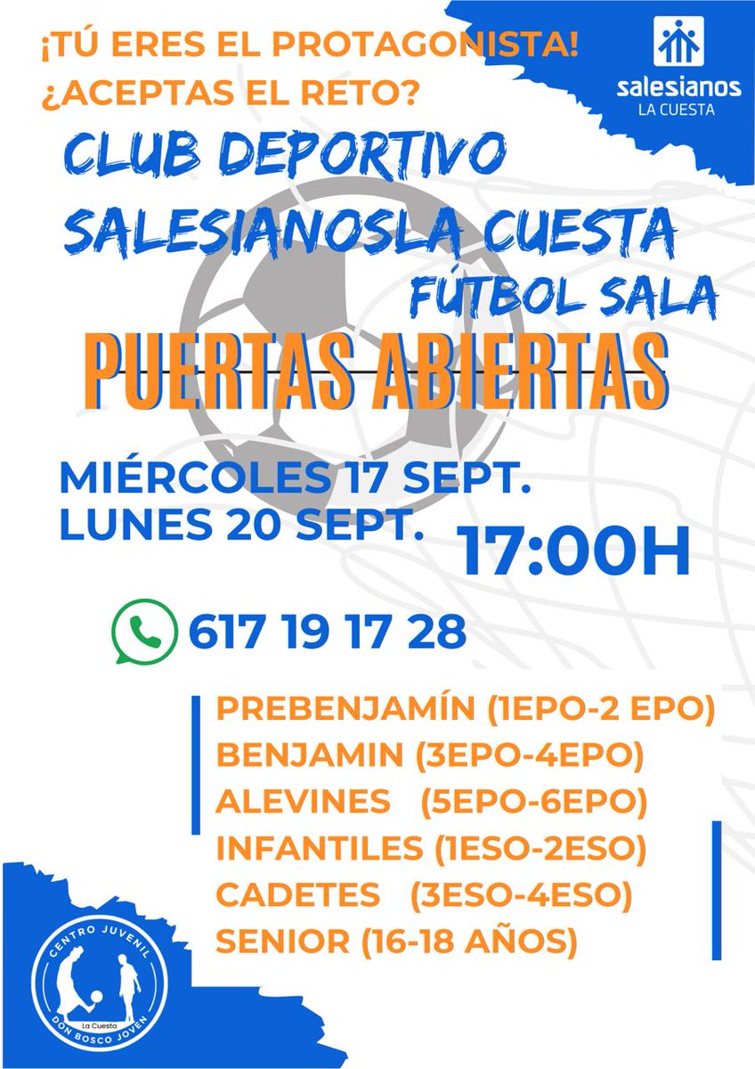 #CASA I El Club Deportivo Salesianos La Cuesta abre sus puertas para que seas el protagonista. Ven a las jornadas de puertas abiertas de fútbol sala.

⚽ ¿Cuándo?
Miércoles 17 y lunes 20 de septiembre.

⏰ ¿A qué hora?
A las 17:00H.

¡Te esperamos! 🙌 

#ProtagonistasDeLaHistoria