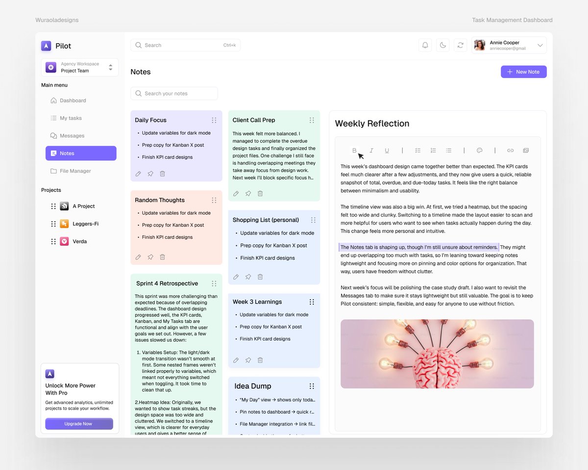 Another fine day to tell you that I'm a UI/UX designer🔥

I finished the Notes tab for Pilot 🗒

I designed it to be:
✨ Personal - no team sharing, just your space
✨ Flexible - color-coded notes, pinning, and archiving
✨ Useful - supports reflections, checklists, and idea