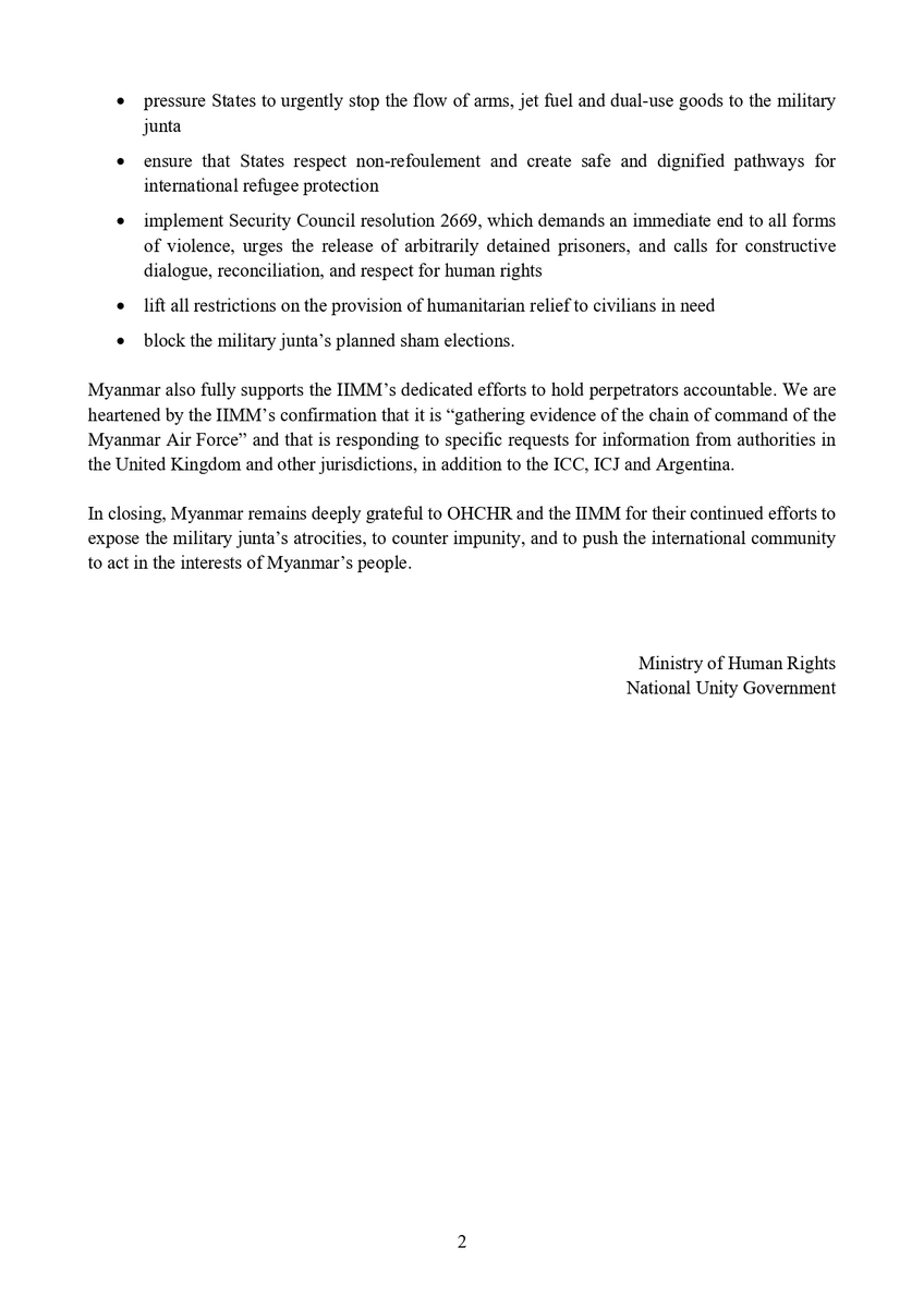 Republic of the Union of Myanmar
National Unity Government
Ministry of Human Rights
UNITED NATIONS HUMAN RIGHTS COUNCIL
60th session
ITEM 2 – Enhanced interactive dialogue on the reports of the High Commissioner for Human Rights on the human rights situation in Myanmar and the