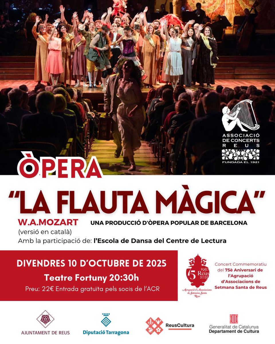Concert inaugural temporada 25/26 
<a href="/OperaPopularBCN/">ÒPERA POPULAR DE BARCELONA</a> presenta:
. La Flauta Màgica de W.A.Mozart (versió en català) i amb la participació de l'Escola de Dansa del <a href="/centredelectura/">Centre de Lectura</a> ! ❤️
Divendres 10 d'octubre 
Teatre Fortuny/ 20:30h
Entrades a: teatrefortuny.4tickets.es/espectaculo/la…
<a href="/ReusCultura/">Reus Cultura</a>