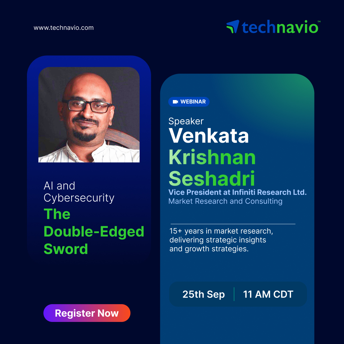 Technavio's tweet image. #AI in #CyberSecurity- From #deepfakes to AI-driven #phishing, threats are evolving fast. 
Join our FREE webinar on Sep 25th to learn real cases & strategies to fight back. 
Seats limited—secure yours! Register: tinyurl.com/aanun76p
#CyberSecurity #AI