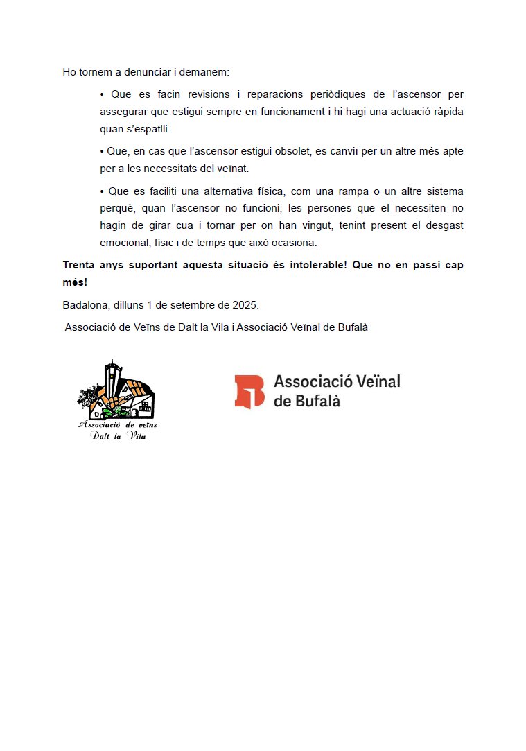 ✊ En tenim prou! 
30 anys amb un ascensor que mai no funciona al Pont del Xiclet.
⚠️ Un pont que havia de connectar barris és una barrera per a persones amb mobilitat reduïda, famílies i veïnat.
🗣️ Amb <a href="/AVVBufala/">AVV Bufalà</a> exigim solucions: manteniment, substitució i rampes! #Badalona