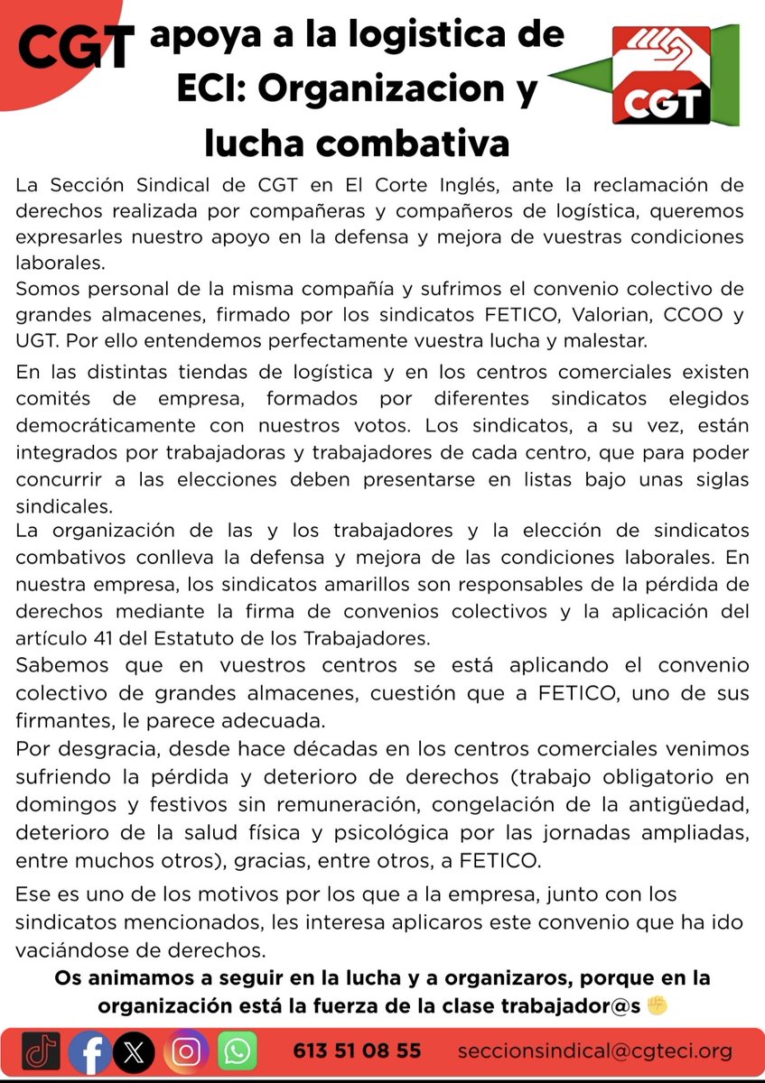 CGT apoya las reivindicaciones de Logística de <a href="/elcorteingles/">El Corte Inglés</a> . Organización, unidad y lucha ✊