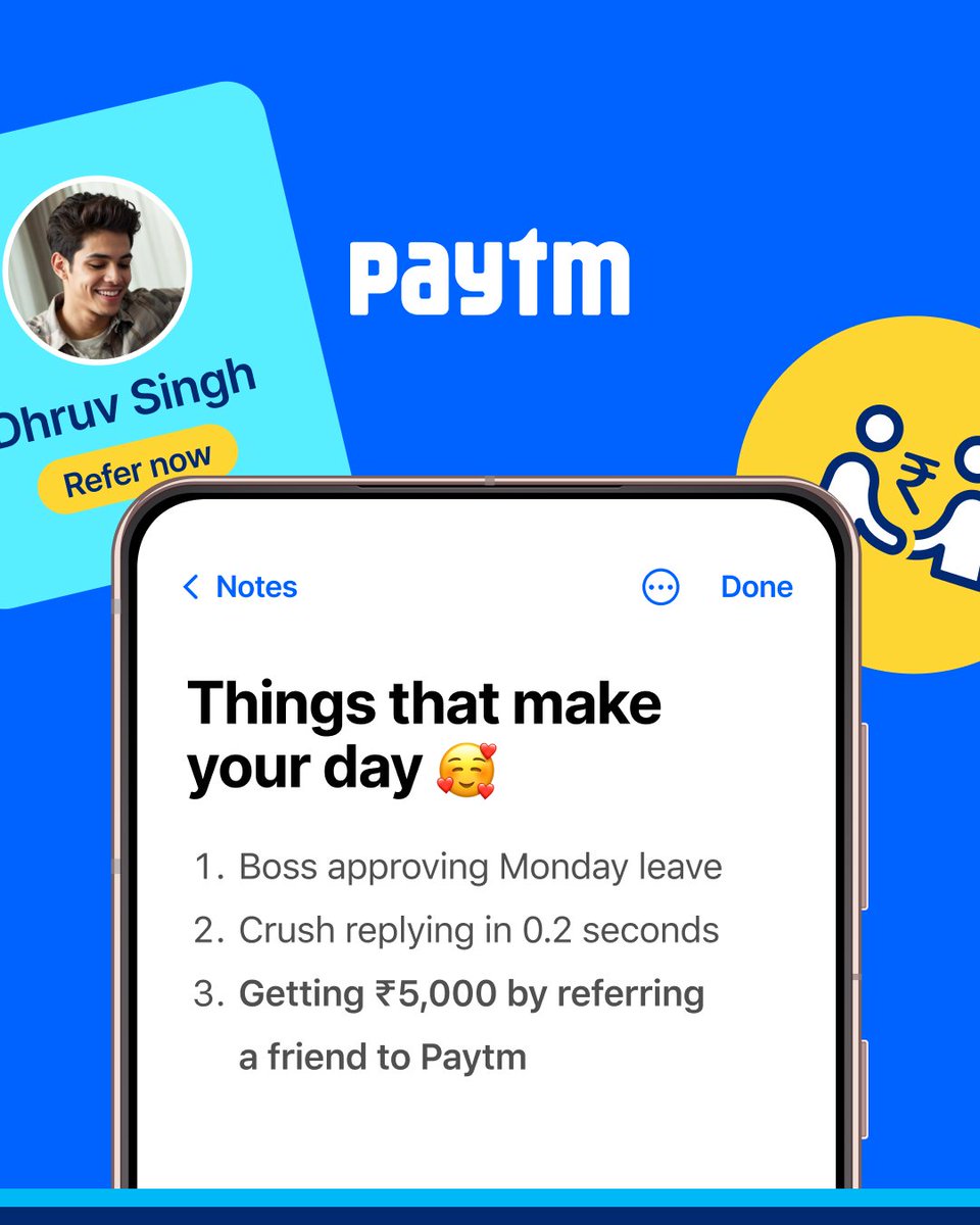 Paytm's tweet image. Refer your friend on the Paytm app and win up to ₹5,000 in just 4 easy steps 😉💸

1️⃣ Open the Paytm app
2️⃣ Tap ‘Refer &amp;amp; Earn’ at the bottom
3️⃣ Share your link via WhatsApp or SMS
4️⃣ Friend signs up and makes a payment within 7 days

And, you&apos;re all set✅Start referring now:…