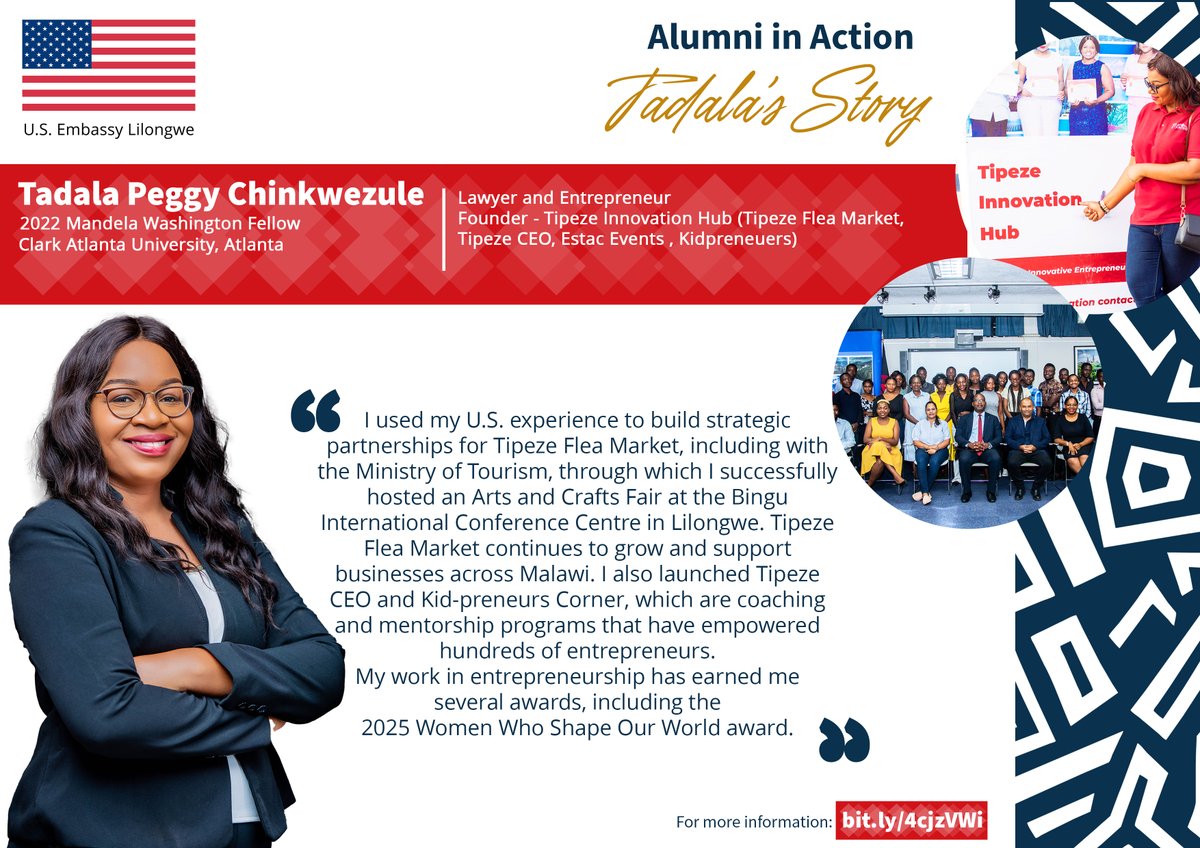 Tadala Peggy Chinkwezule, a <a href="/WashFellowship/">MandelaWshFellowship</a> Fellow, is empowering entrepreneurs in Malawi through her Tipeze Innovation Hub, which offers skills training, innovative solutions, and market access to help businesses grow. #USAlumniInAction #ExchangeOurWorld 🇺🇸🇲🇼 #USAinMalawi