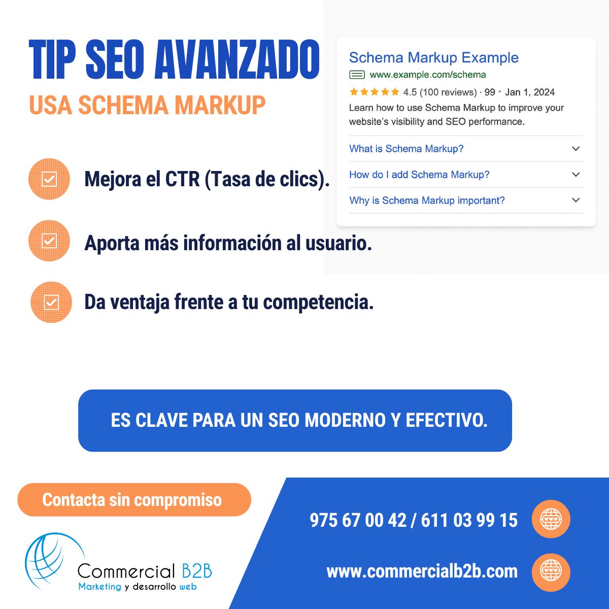 🔎 ¿Quieres que tu web destaque en Google con estrellas, precios o FAQs?
✅ Añade Schema Markup (datos estructurados).

Mejora el CTR.

Aporta más información al usuario.

Da ventaja frente a tu competencia.

🚀 Implementar Schema es clave para un SEO moderno y efectivo.