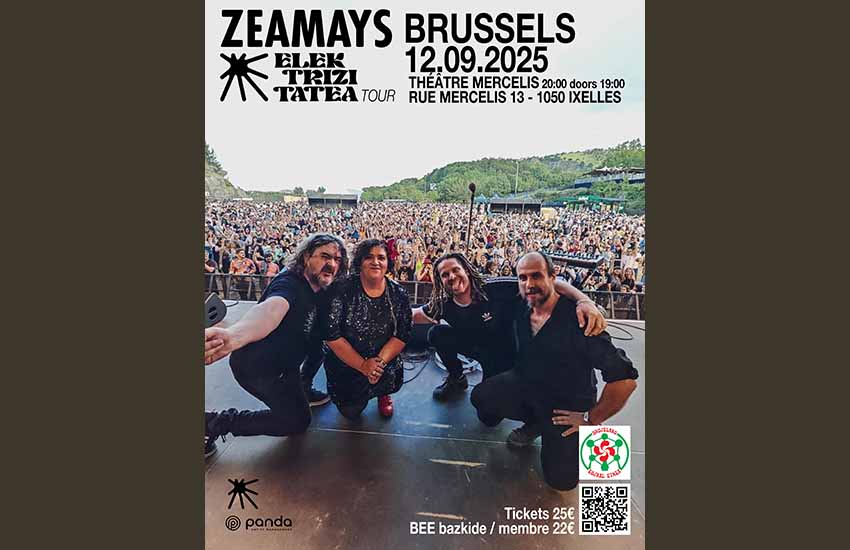 [EUS] BRUSELA. Gaur Zea Mays-en kontzertua [NE] Zea Mays concert vandaag [FR] Aujourd'hui Concert de Zea Mays [EN] Basque Group Zea Mays in Concert 
euskalkultura.eus/euskara/agenda…