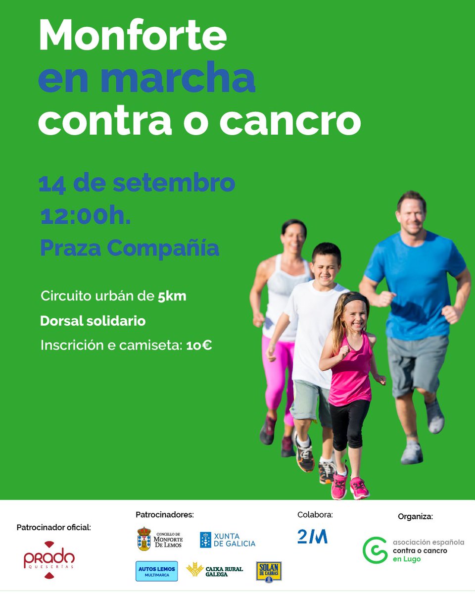 CARREIRA E ANDAINA "MONFORTE EN MARCHA CONTRA O CANCRO" 

INSCRÍBETE:
➡️Hoxe de 11:00 a 13:00 horas na sede local da Asociación en Monforte
➡️Mañá, 13 de setembro, de 17:00 a 19:00 horas na rúa Cardenal en Monforte
➡️Domingo, día do evento, a partir das 10:00h na Praza Compañía