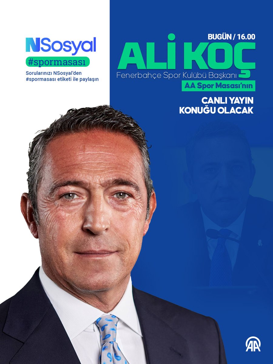 🎙️ Fenerbahçe Kulübü Başkanı Ali Koç, AA Spor Masası'nın konuğu oluyor.

🎥 Başkan Koç, bugün saat 16.00'da canlı yayında gündemle ilgili merak edilen soruları yanıtlayacak.

❓ Ali Koç'a sorularınız için: sosyal.teknofest.app/@aa__spor/1151…