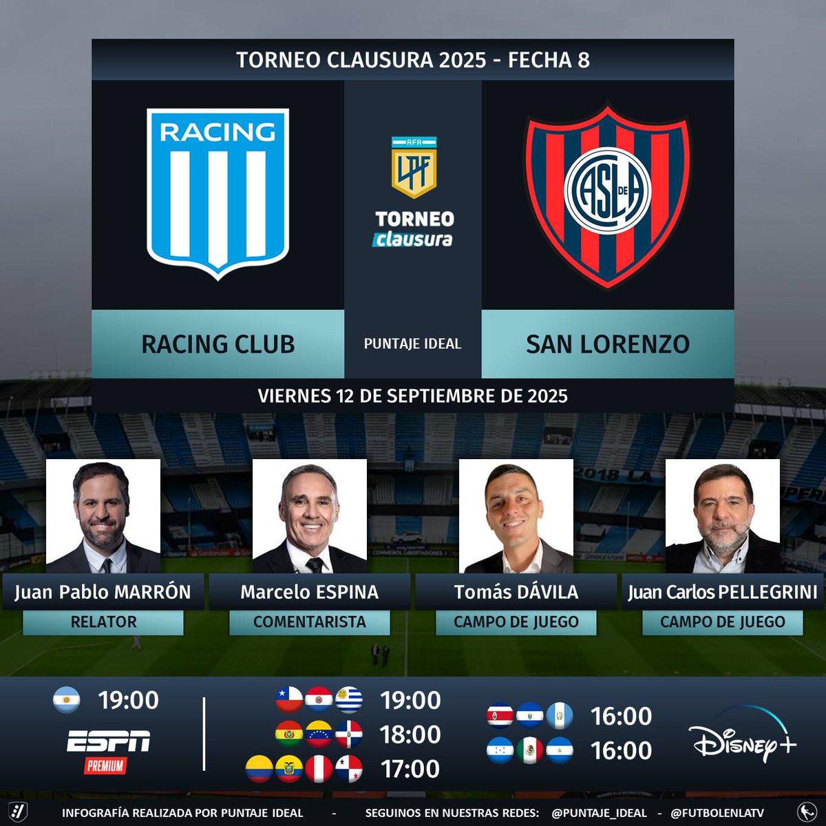 Puntaje Ideal (@puntaje_ideal) on Twitter photo ⚽ #TorneoClausura2025 🇦🇷 | #RacingClub vs. #SanLorenzo
🎙 Relator: <a href="/JuanPabloMarron/">Juan Pablo Marrón ️️️️</a>
🎙 Comentarista: <a href="/marceloespina8/">Marcelo Espina</a>
🎙 Campo de juego: <a href="/DavilaTomi/">Tomas Davila</a> y <a href="/profepellegrini/">profepellegrini</a>
📺 #ESPNPremium 🇦🇷
💻📱 <a href="/disneyplusla/">Disney+ Latinoamérica</a> Latinoamérica (❌🇦🇷)
🤳 #LPFxESPN - #PackFútbol - #DisneyPlus
Dale RT 🔃 ⚽ #TorneoClausura2025 🇦🇷 | #RacingClub vs. #SanLorenzo
🎙 Relator: <a href="/JuanPabloMarron/">Juan Pablo Marrón ️️️️</a>
🎙 Comentarista: <a href="/marceloespina8/">Marcelo Espina</a>
🎙 Campo de juego: <a href="/DavilaTomi/">Tomas Davila</a> y <a href="/profepellegrini/">profepellegrini</a>
📺 #ESPNPremium 🇦🇷
💻📱 <a href="/disneyplusla/">Disney+ Latinoamérica</a> Latinoamérica (❌🇦🇷)
🤳 #LPFxESPN - #PackFútbol - #DisneyPlus
Dale RT 🔃
