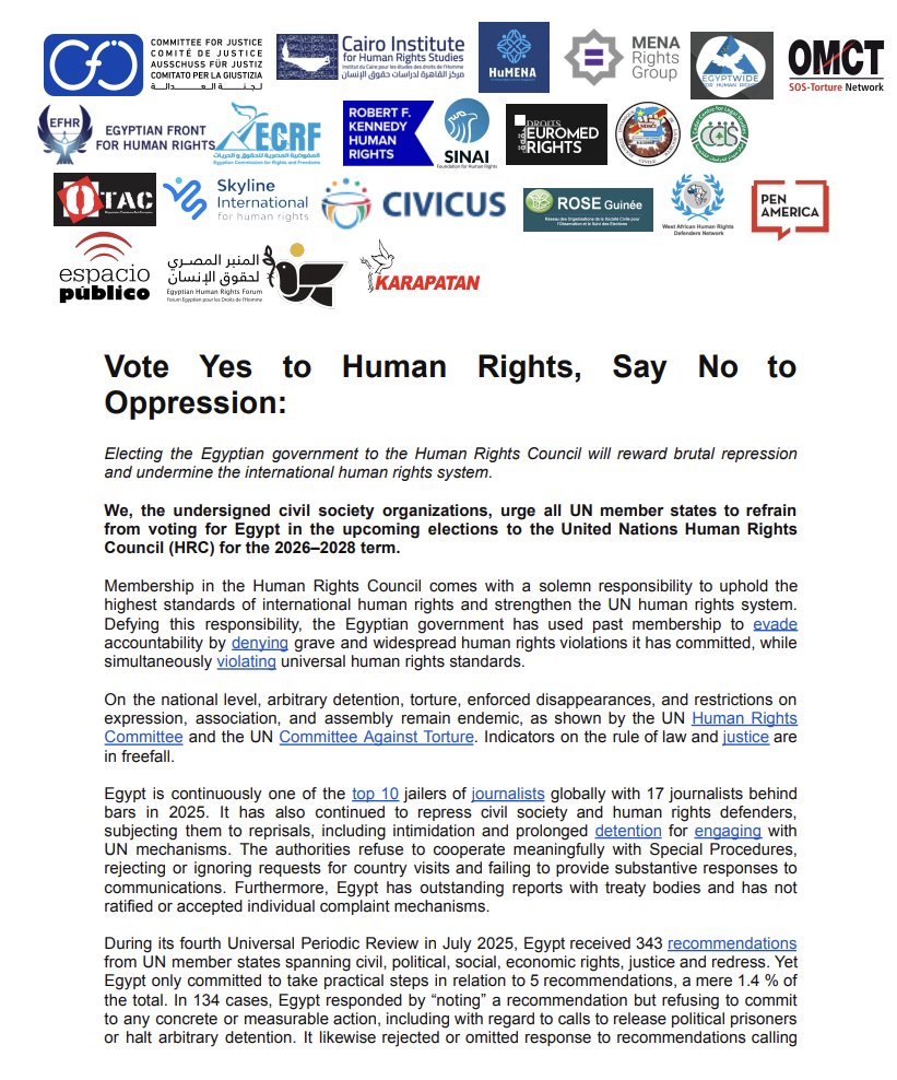 Together with 22 orgs, we urge all <a href="/UN/">United Nations</a> member states to #VoteNo to Egypt’s bid for a Human Rights Council seat.

Rewarding a gov’t that jails journalists, silences civil society &amp; ignores UN recommendations undermines the universality of human rights.

➡️skylineforhuman.org/en/news/detail…