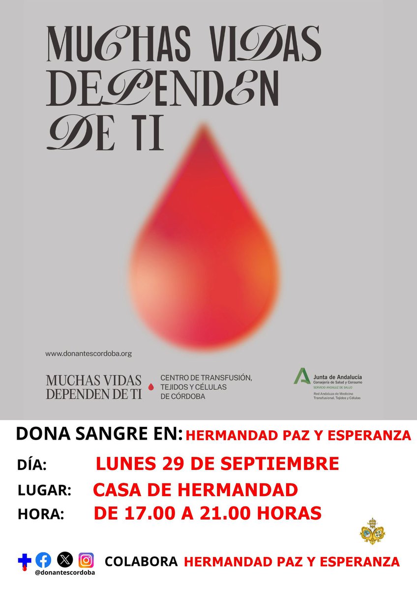 DONACIÓN DE DANGRE 

📅 Cuándo: Lunes 29 de septiembre
📍 Dónde: Casa de Hermandad Paz y Esperanza
⏰ Hora: De 17:00 a 21:00 horas

Tu donación puede marcar la diferencia para quienes más lo necesitan. 💪
¡Te esperamos!