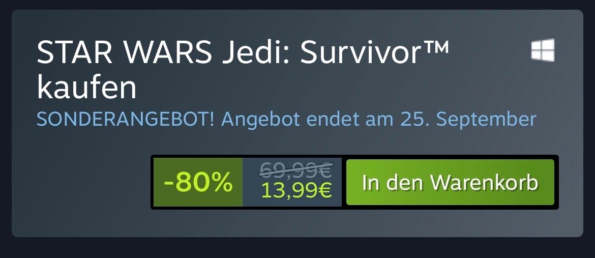 #StarWarsJediSurvivor gibt es aktuell für 13.99eur bei Steam. 

>> store.steampowered.com/app/1774580/ST…