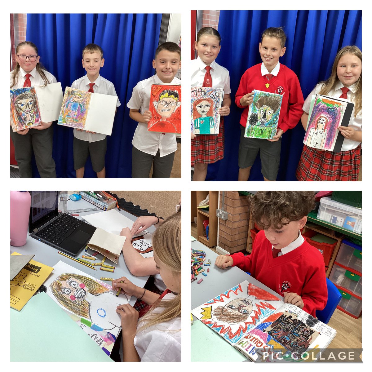 class6Aspull's tweet image. Self portraits in the style of Jean-Michel Basquiat. We have some amazing artists in the class who have really taken on board Basquiat’s use of colour and line as well as incorporating their own characters into the portraits! 🌟😀🥰 #acpsart