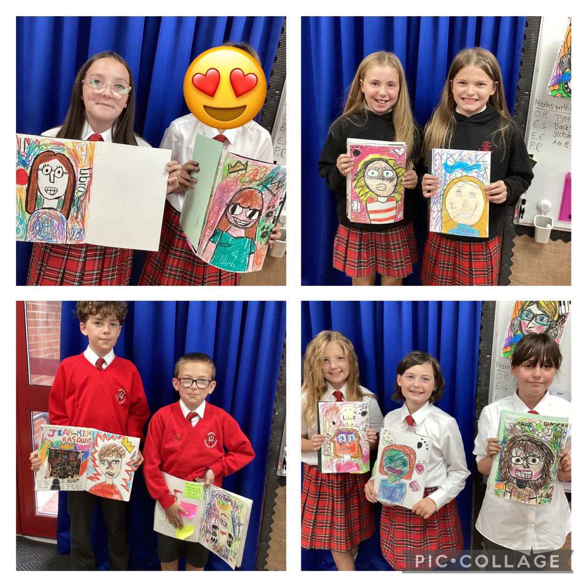 class6Aspull's tweet image. Self portraits in the style of Jean-Michel Basquiat. We have some amazing artists in the class who have really taken on board Basquiat’s use of colour and line as well as incorporating their own characters into the portraits! 🌟😀🥰 #acpsart