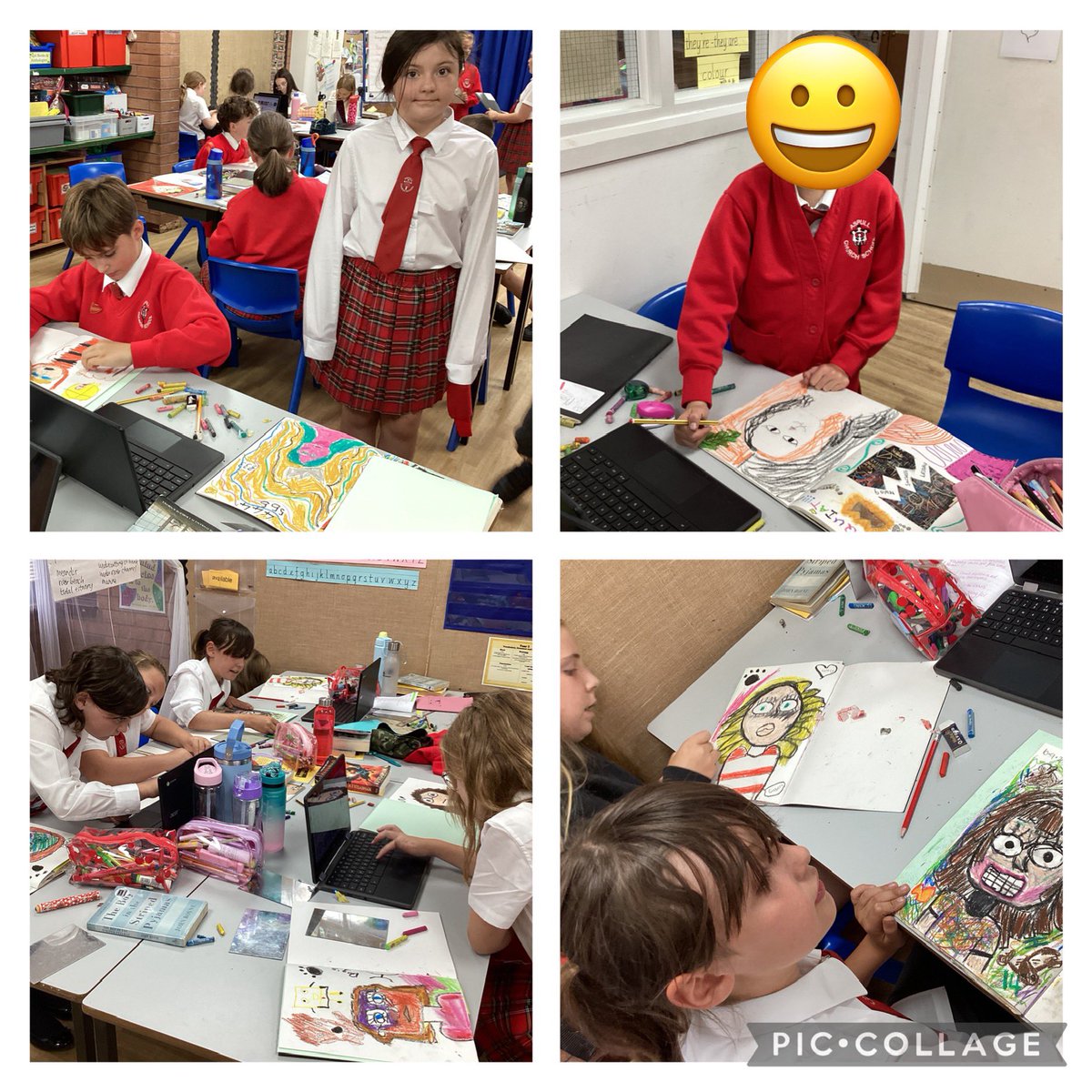 class6Aspull's tweet image. Self portraits in the style of Jean-Michel Basquiat. We have some amazing artists in the class who have really taken on board Basquiat’s use of colour and line as well as incorporating their own characters into the portraits! 🌟😀🥰 #acpsart