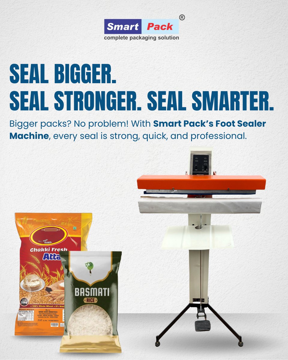 SmartPackIndia's tweet image. Hands-free. Hassle-free. 
Seal big, seal fast, seal perfectly with our 20” Impulse Foot Sealer. Strong, leak-proof seals every time – because your packaging deserves the best! 

🌐 smartpackindia.com | 📞 9109108483

#footsealer #PackagingMachine #SmartPackagingSystems