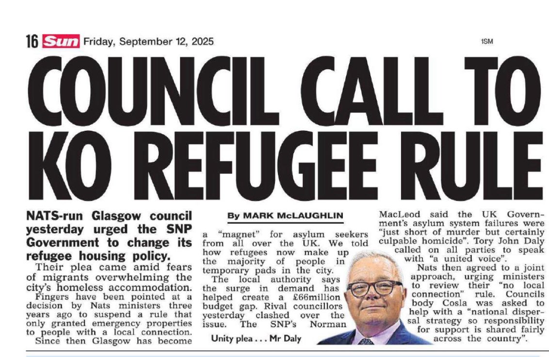 Glasgow Council - run by <a href="/theSNP/">The SNP</a> - has asked the SNP government for a “national dispersal strategy” to move refugees out of the city.

It also asked the SNP government to review its policy of handing homeless accommodation to refugees with no prior connection to Scotland.