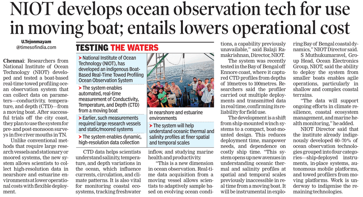 Researchers at <a href="/MoesNiot/">MoES NIOT</a> have developed an ocean observation tech operated from a moving boat; it is a shift from stationary or moored instruments deployed from large ships
<a href="/PMOIndia/">PMO India</a> <a href="/moesgoi/">MoES GoI</a> <a href="/CentreCoastal/">National Centre for Coastal Research</a> <a href="/ESSO_INCOIS/">INCOIS, MoES</a> <a href="/CSIRNIOGoa/">CSIR-NIO GOA</a> <a href="/ANRFIndia/">Anusandhan National Research Foundation</a> <a href="/ncaor_goa/">NCPOR</a> <a href="/ChennaiRains/">Chennai Rains (COMK)</a> <a href="/praddy06/">Tamil Nadu Weatherman</a>