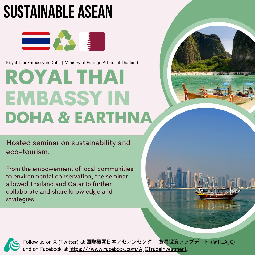 🇹🇭🇶🇦在カタール・タイ王国大使館とアースナセンターは「現地からグローバルへ：タイの持続可能性とエコツーリズムへの道」というワークショップを開催しました🌿🌐続きを読む： mfa.go.th/en/content/doh… #タイ #カタール #エコツーリズム #観光 #持続可能 #持続可能性 #観光客 #旅行