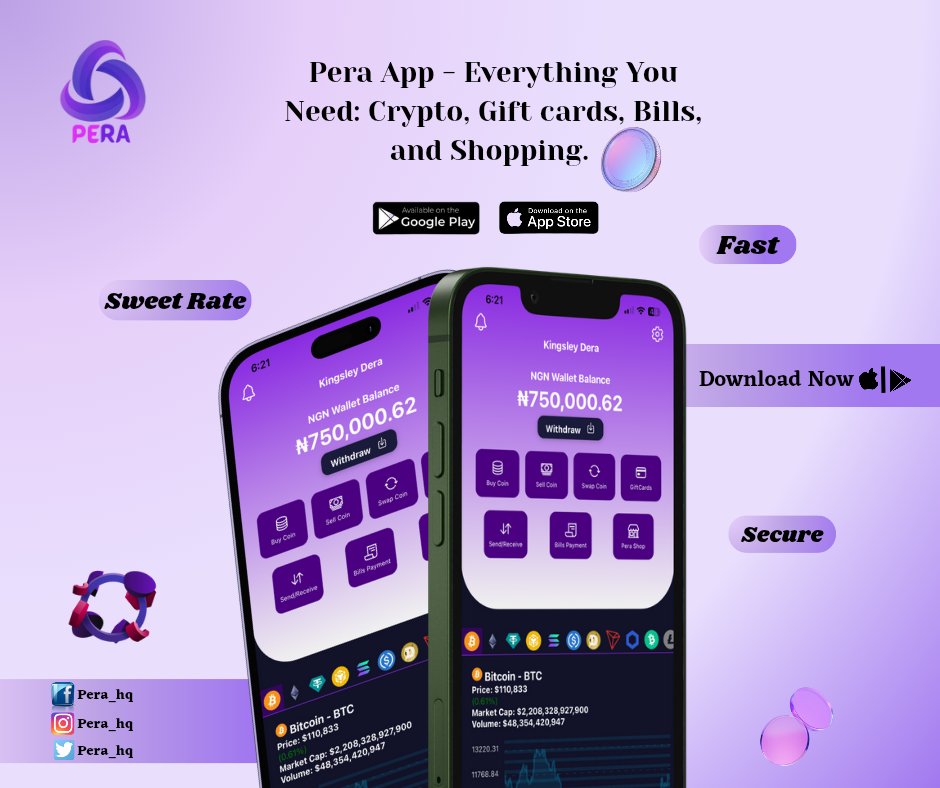 Pera_hq's tweet image. One app, endless possibilities—crypto, gift cards, bills, and shopping all in one place. Take full control of your digital assets with Pera. Download now on the App Store and Google Play.
#pera #giftcard #tradeatease #crypto #billspayment
