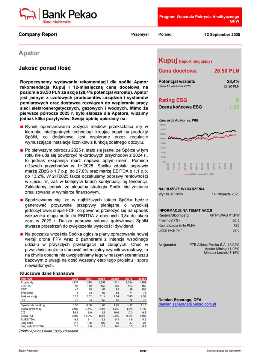 Lukasz_on_GPW's tweet image. BM Pekao rozpoczęło wydawanie rekomendacji dla #Apator od „kupuj” z ceną docelową 28,50 zł (potencjał +28%). Mimo słabszego I półrocza 2025 analitycy liczą na poprawę marż i rentowności, spadek długu netto/EBITDA do zera do 2029 oraz wyższe dywidendy; projekt drona FPV uznali na…