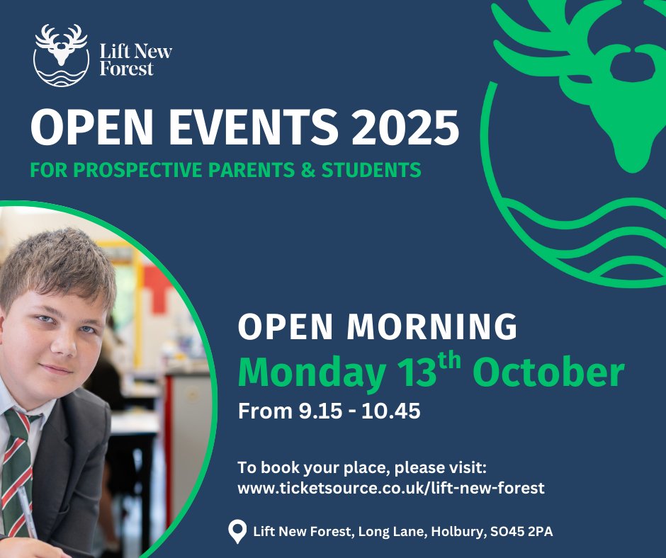 Our previously advertised Open Mornings are now full booked!

In response to this high level of interest, we have scheduled an additional Open Morning on Monday 13th October from 9.15-10.45am.

Reserve your place here: ticketsource.co.uk/lift-new-forest

#LiftSchools #OpenMornings