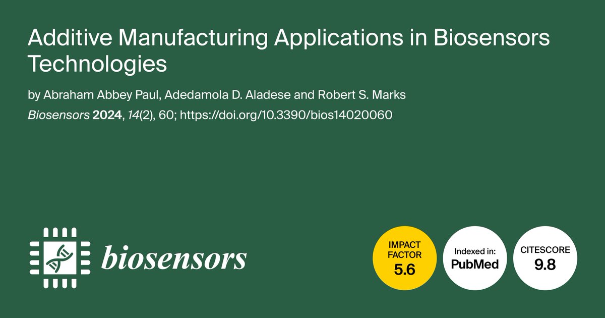 Biosensors_MDPI's tweet image. 📣 Call for Reading - Highly-Cited Paper published in 2024

#Review
Additive Manufacturing Applications in Biosensors Technologies

by Abraham Abbey Paul, et al.

mdpi.com/2079-6374/14/2…

#bioinks #polymer #3Dprinting #additive_manufacturing
#biosensors #mdpi #openaccess
