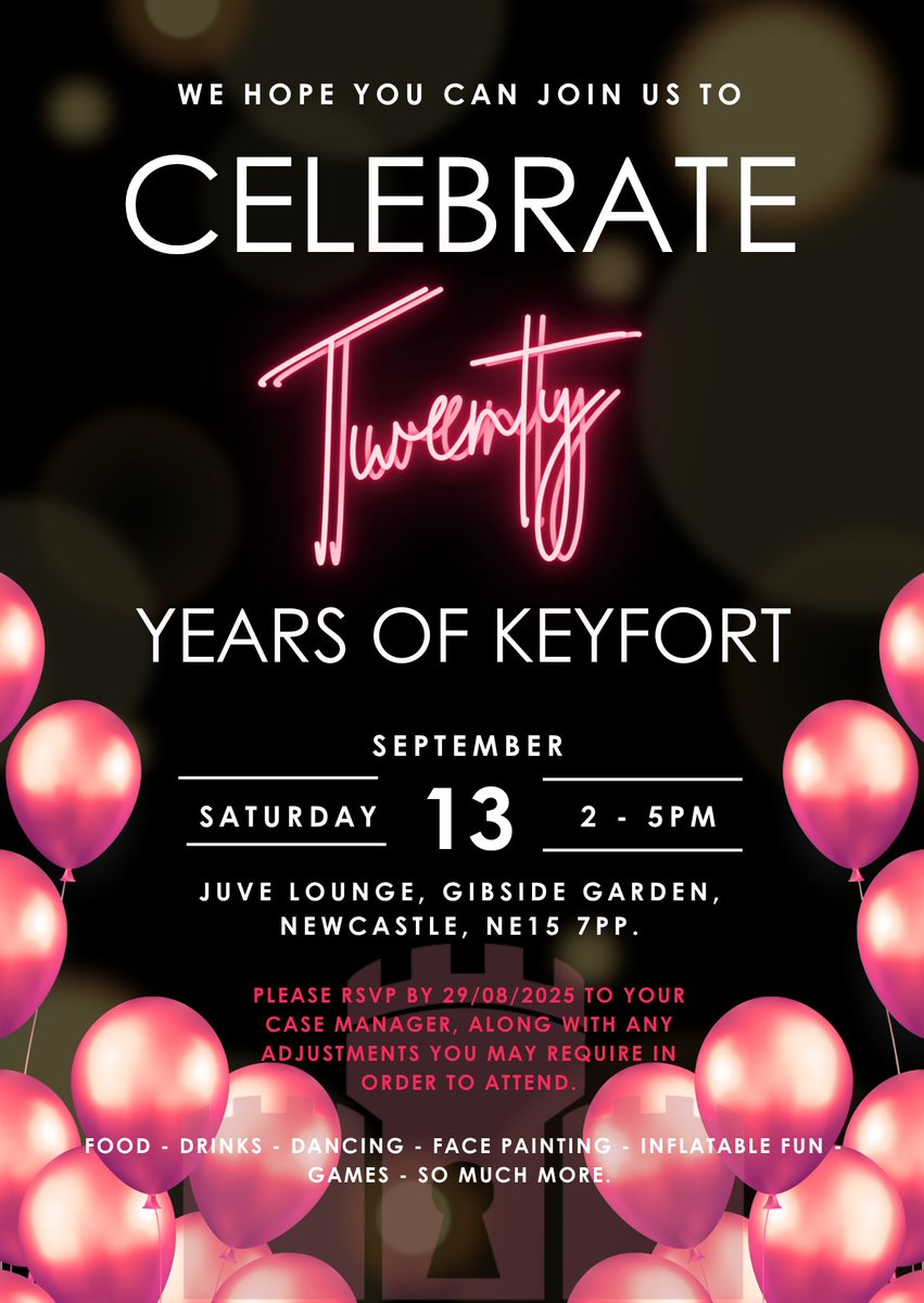 KEYFORT_Support's tweet image. We are thrilled about our 20-year celebration tomorrow and can’t wait to share the day with friends, family, colleagues (past and present), the people we support, their families, and support teams.
If you need any more information, call us at Head Office on 0191 4911735🎉✨🎈