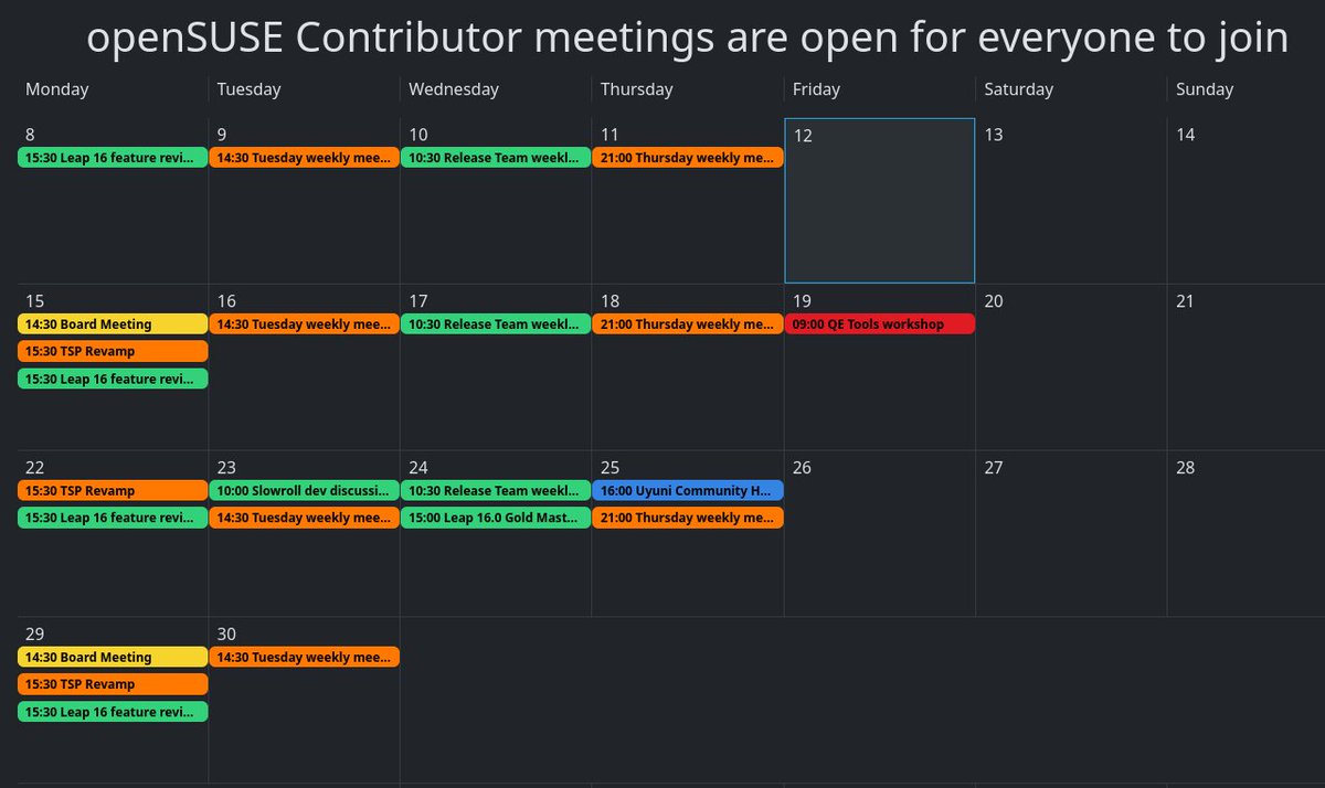 openSUSE's tweet photo. Explore the #openSUSE Calendar to join #community meetings and contribute to #opensource development. https://t.co/rP4OA5IBiw https://t.co/HEa9YtitJO