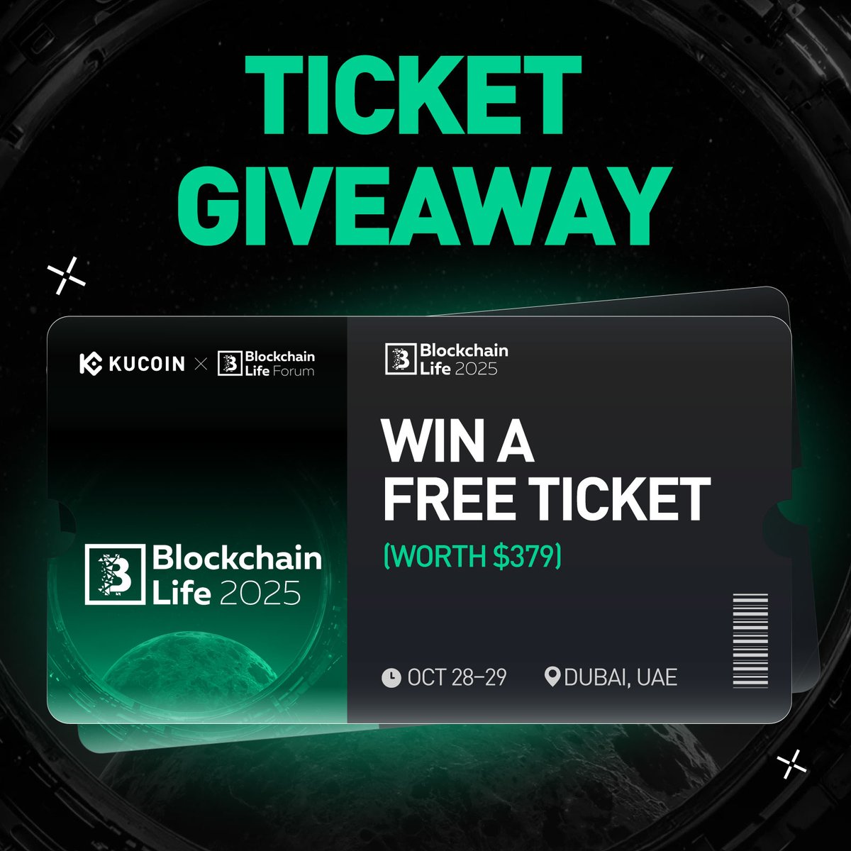 Happy Friday 🎉

Kick off the weekend with a chance to join Blockchain Life 2025 in Dubai 🐪
We’re giving away Standard Tickets via a lucky draw.

How to join:
1️⃣ Follow <a href="/kucoincom/">KuCoin</a>
2️⃣ Like &amp; RT this post
3️⃣ Fill out the form: gleam.io/8LT8T/kucoin-h… 

Winners announced before the