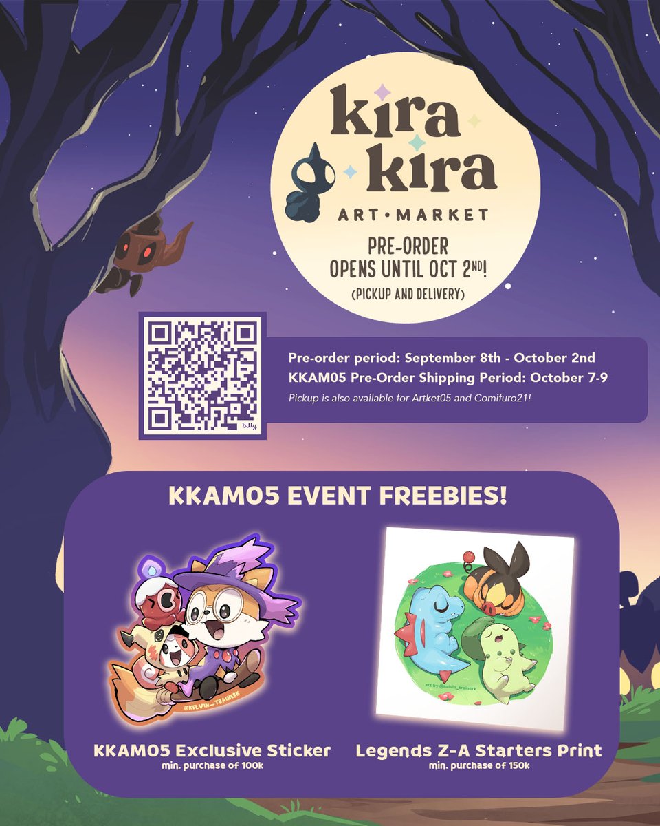 kelvin_trainerk's tweet photo. (🔁 &amp; ❤️ are appreciated!)

Pickup and Mail Order Pre-Order is now open for #kirakiraartmarket, #artket, and #cf21 !

KKAM PO Period: Sept 8 - Oct 2 2025
Pickup at:
KKAM: 4-5 October 2025 Table 50
or Artket (25-26Oct) and CF21 (15-16Nov)
🔗https://t.co/jI2Sk13g0C

#Pokemon
(1/3) https://t.co/y8brBYWJFE