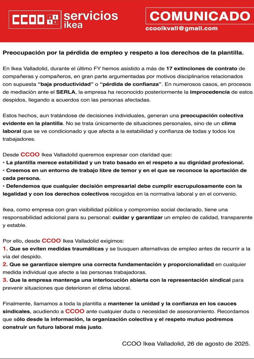 ¡Basta de despidos injustos en Ikea Valladolid! Exigimos empleo digno y respeto a los derechos laborales de la plantilla. Unid@s somos más fuertes. #Valladolid #IkeaValladolid #CCOO #DerechosLaborales