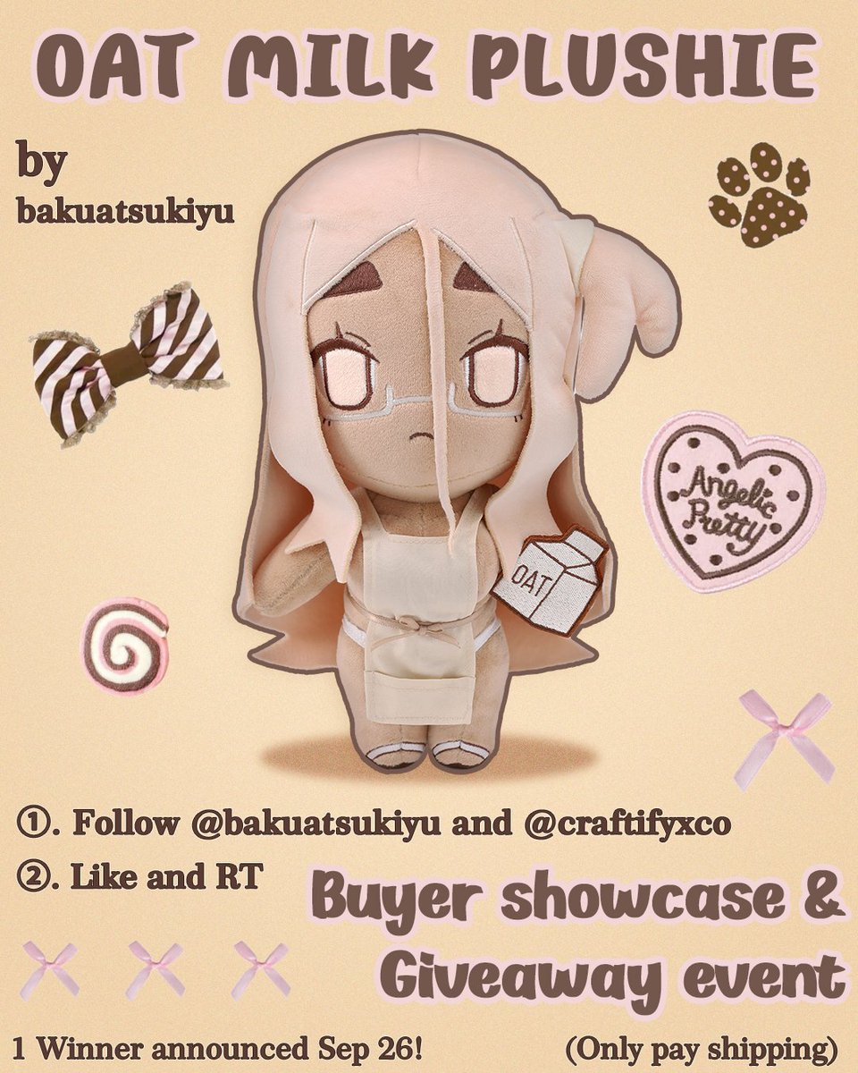 ✨ Oat Milk Plushie is HERE with in-stock sales + a giveaway event! ✨

🛒 Grab yours now while supplies last!
🎁 Join the giveaway:
1️⃣ Follow <a href="/bakuatsukiyu/">AA || consistently crying cryptid</a>   &amp; <a href="/craftifyxco/">CraftifyX</a>  
2️⃣ Like + RT this post 
Winner announced Sep 26! (Only pay shipping)
📸Welcome to share your buyer
