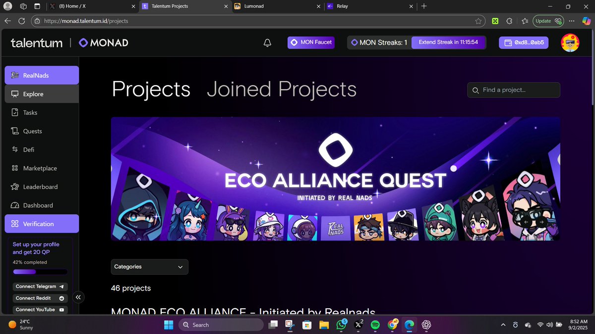 EmmanuelJayJay(Ø,G)⚡lvl🆙 (@hassan71269) on Twitter photo Another Monad Testnet Interaction.
<a href="/TalentumID/">Talentum (mainnet arc)</a> is a platform that lets users explore blockchains like <a href="/monad/">Monad (mainnet arc)</a>.
It helps user's to discover new projects, participate in quests, and vibe with socialfi and gamefi features. It is designed to build users onchain activity, track Another Monad Testnet Interaction.
<a href="/TalentumID/">Talentum (mainnet arc)</a> is a platform that lets users explore blockchains like <a href="/monad/">Monad (mainnet arc)</a>.
It helps user's to discover new projects, participate in quests, and vibe with socialfi and gamefi features. It is designed to build users onchain activity, track